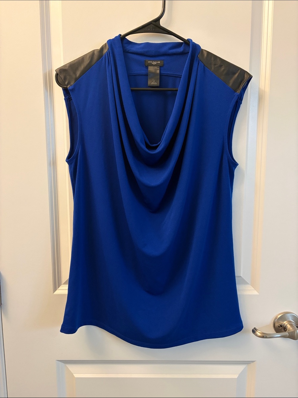 Ann Taylor Blue Draped Neck Sleeveless Blouse w/ Faux Leather Shoulders Size LP